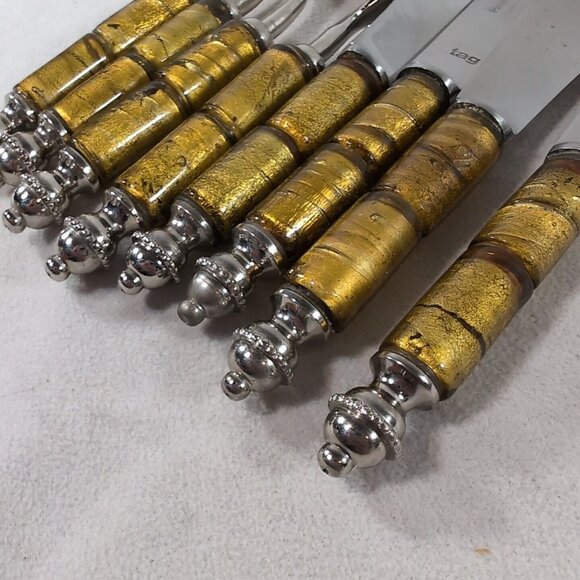 TAG 8 Set Glass Bead 4 Butter Knife 4 Pickle Fork Green Gold Silver Metal Spread - Picture 13 of 13